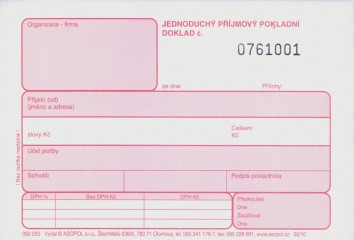 Jednoduchý pokladní příjmový doklad s DPH čísl. 1+1 2x50 l. COPY